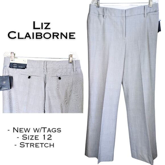 New Liz Claiborne Audra Dress Pants Sz 12 Light Gray Check Straight Leg Career - Picture 1 of 8